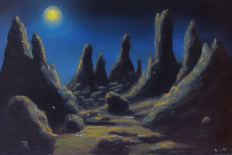 Rocks, night, 2000's sci-fi movies influence, otto pippel impressionism painting