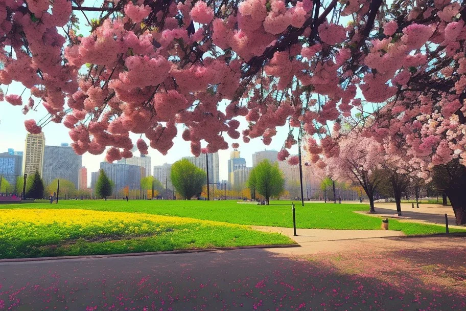 city, flowers, trees, sunny day, spring