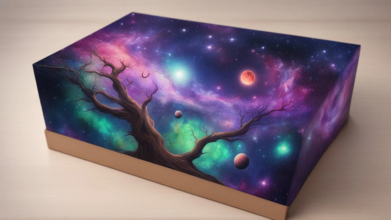 a box 10 cm long by 5 cm wide and 25 cm high, drawn on a box on all sides, space, tress, planets, butterfly nebula, crow galaxies a lot of colours purple, green and red, portal too others galaxy, realistic