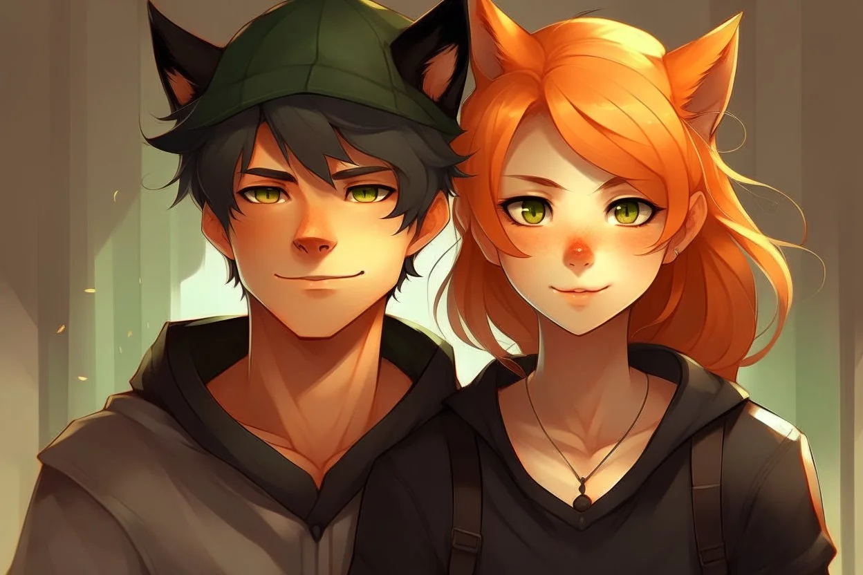 A young adult male with messy black hair, gold eyes, black cat ears, slight smile standing with a young adult female with short red hair, dark green eyes, large orange fox ears on top of her head, slight smile, pale skin, realistic