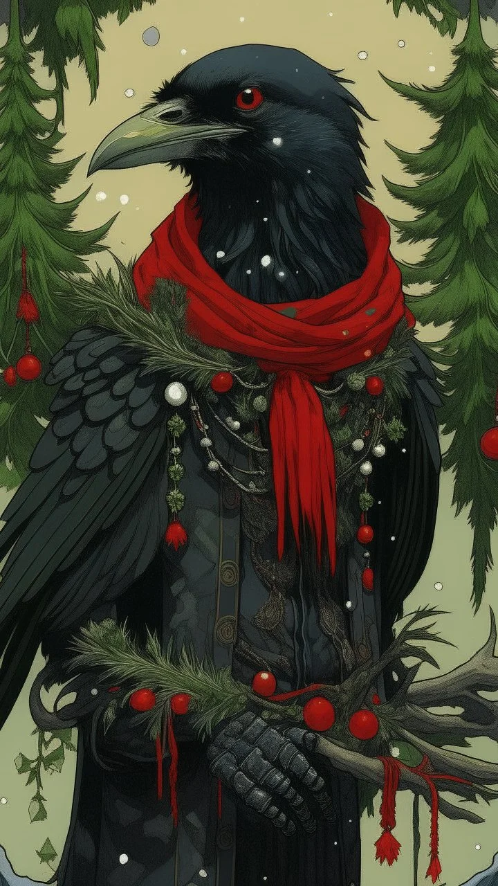 An illustration by Jakuchu and Matisse of a human-like raven adorned in a punk leather jacket within a Christmas atmosphere.