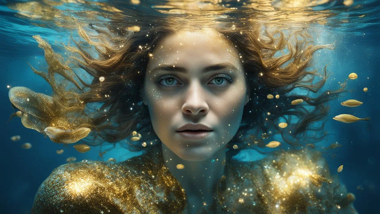 woman underwater, beautiful eyes, dancing underwater, gold, scales, double exposure, highlights, sparkles, clear lines, detail, fine rendering, high resolution, 64K, photorealism, precise focus, digital painting,