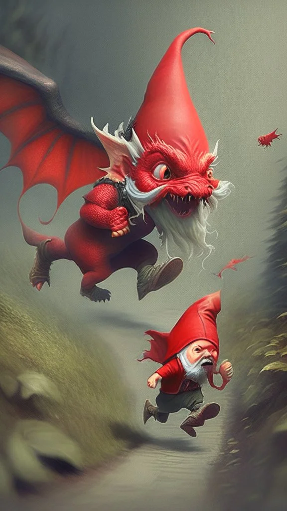 gnome running away from a red dragon