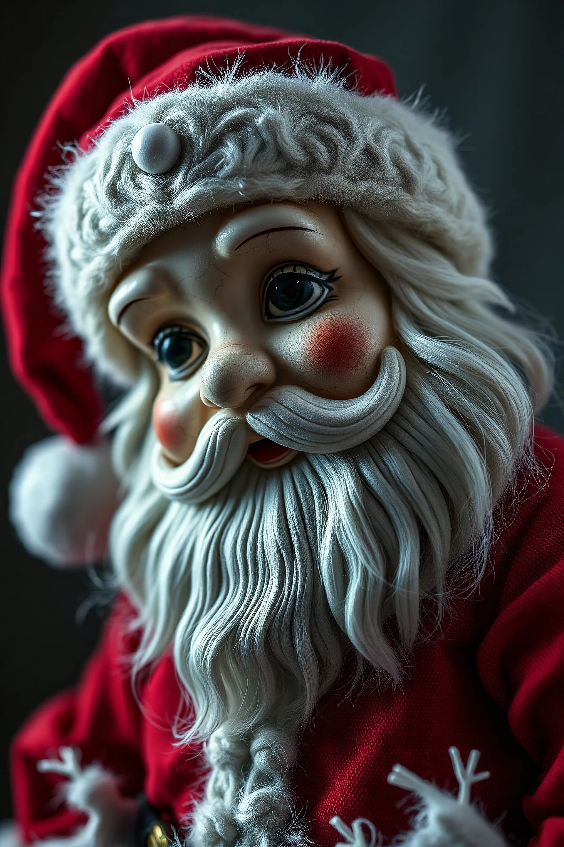 a hauntingly beautiful closeup image depicting an Artistic porceline SANTA CLAUS Doll with a few crackle lines and JOLLY features, in RED costume and Whimsical sANTA Hat., Fujifilm XT3, artwork in pale distressed tones , minimalistic approach, blends old world aesthetics art with elements of distressed painting and illustration, shadow play, high conceptuality, inspired by Charlene Mc Nally, Carne Griffi