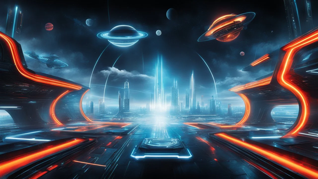 tron legacy movie, city of lights blue, red and yellow , programs, space ships, clouds, planets