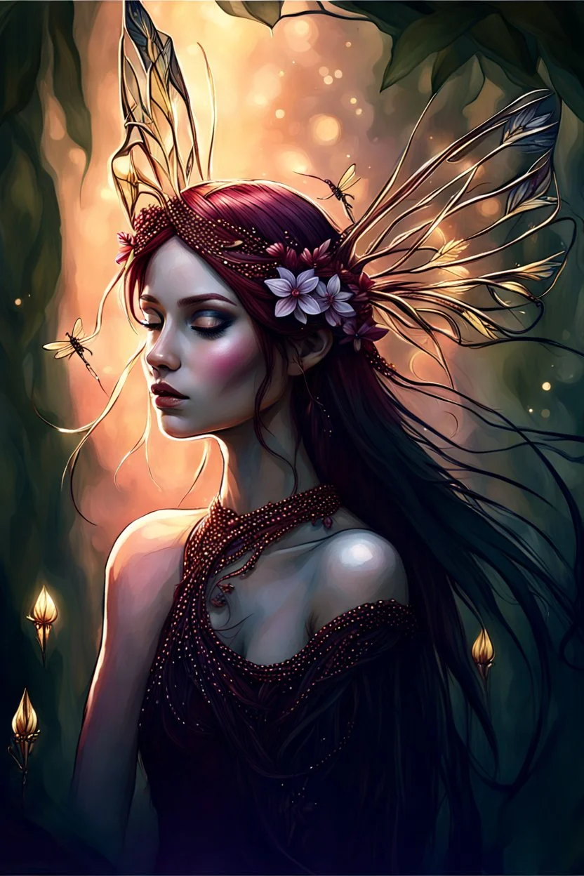 Dark Burgundy dark red gold hair,very long hair, dark gold,gold,rapunzel hair,dark fairy princess,elven crown,dragonflies,fireflies,night,water lilies, orchids,jasmine flowers,glitter,sparkle,flowers,copper,bronze