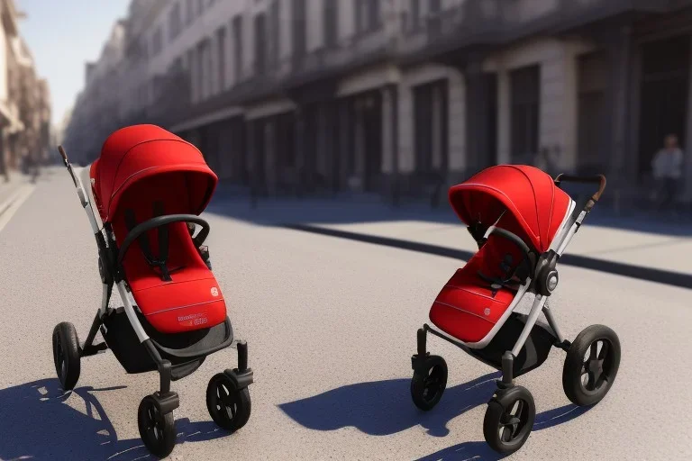 a zoomed-in shot of a pram on a Busy sidewalk which contains a baby that looks like a young Donald Trump