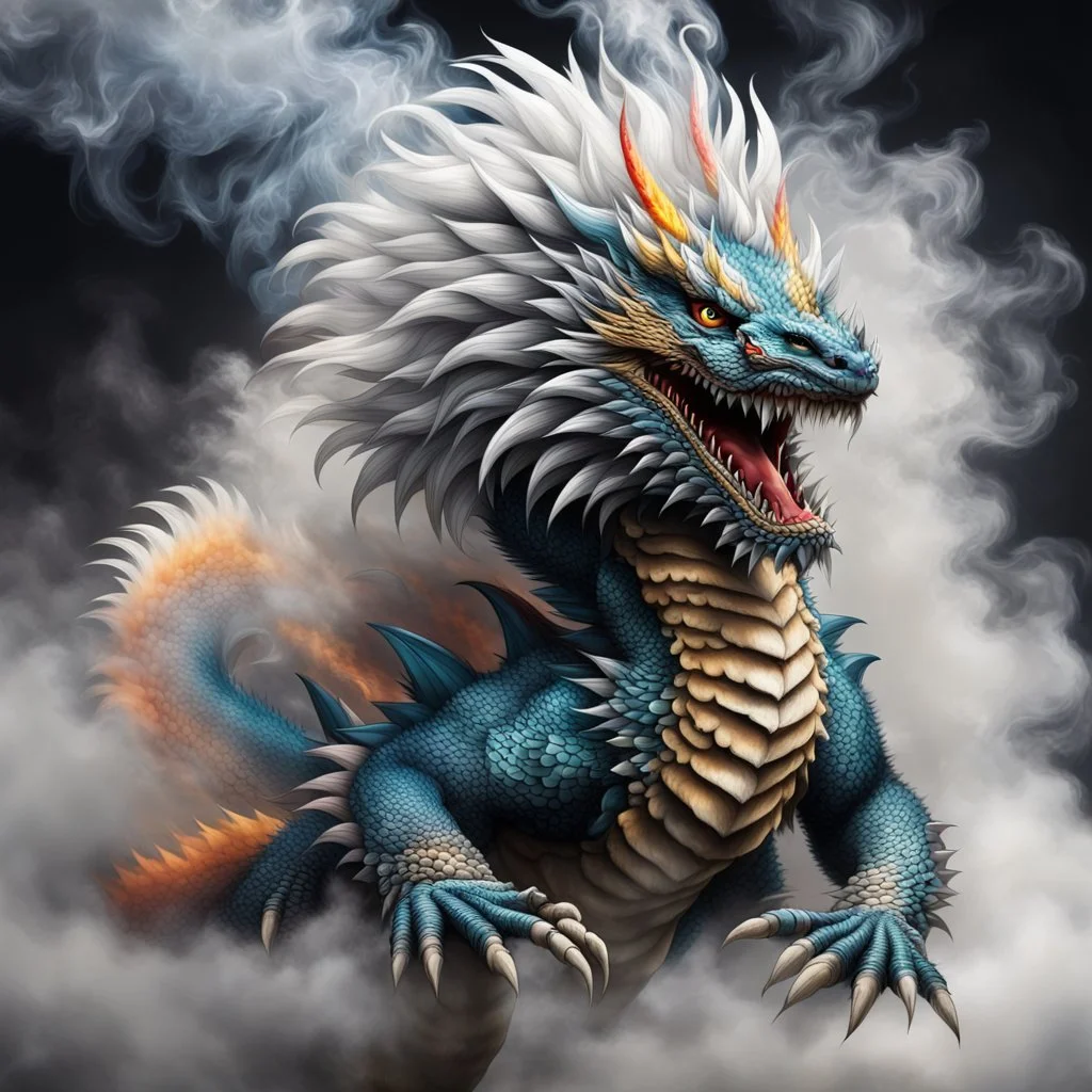 a sturdy colorful asian dragon curly white fur, smokey breath and fire, claws, spikes along back, a long tail, moving forward towards viewer, wrapped in smoke