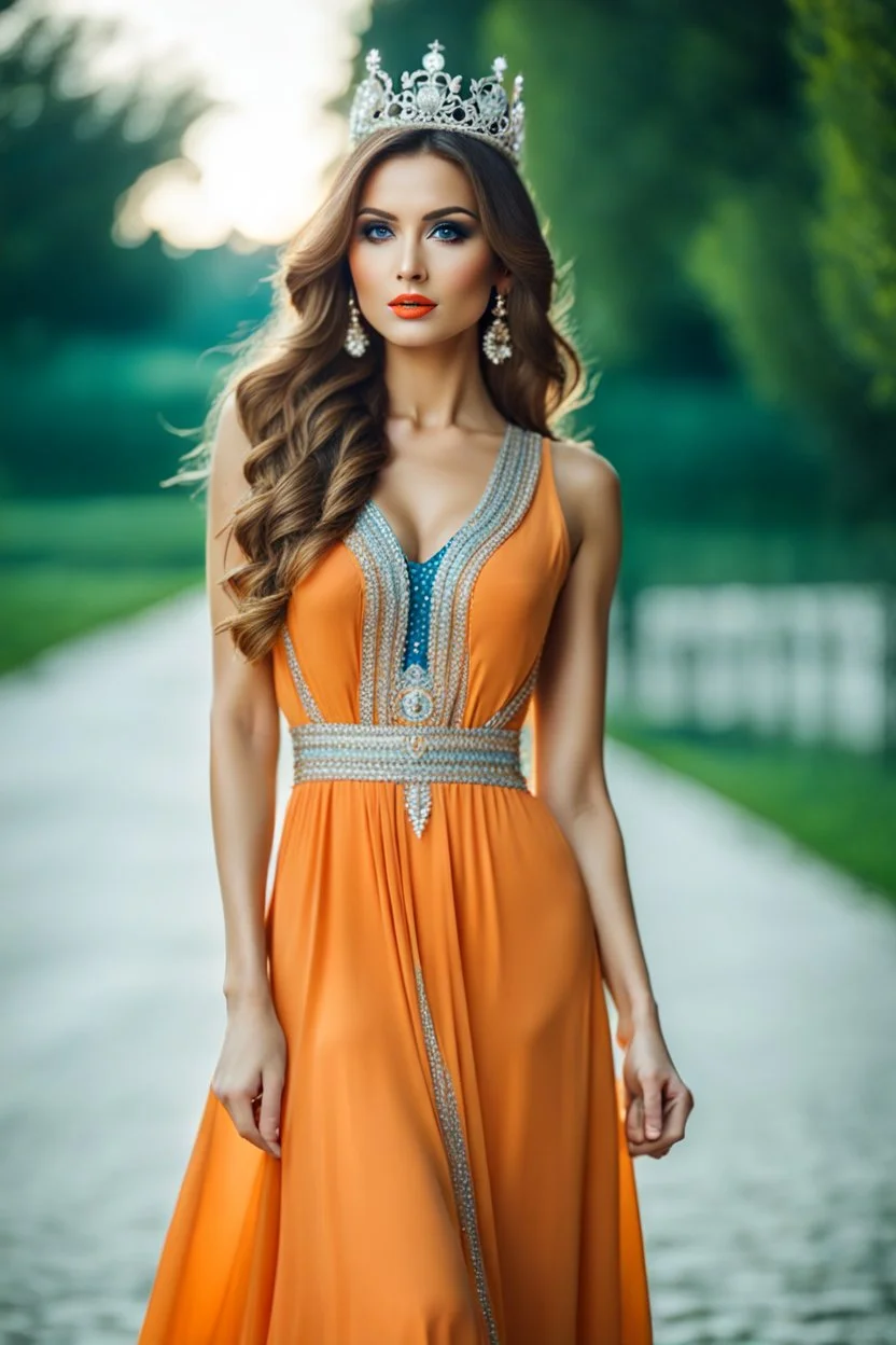 full body of very beautiful ukrain lady wearing orange_blue pretty maxi flared dress with hair silver crown ,standing idle pose