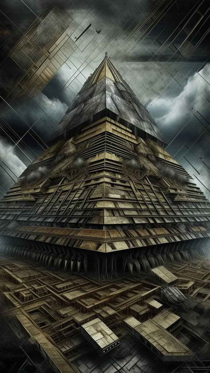Synthography Art in Bocsh painting style nightmare of The Pyramid shape building with visual details of mechanical and electrical components and chips and components textures with gray clouds stormy weather in the background