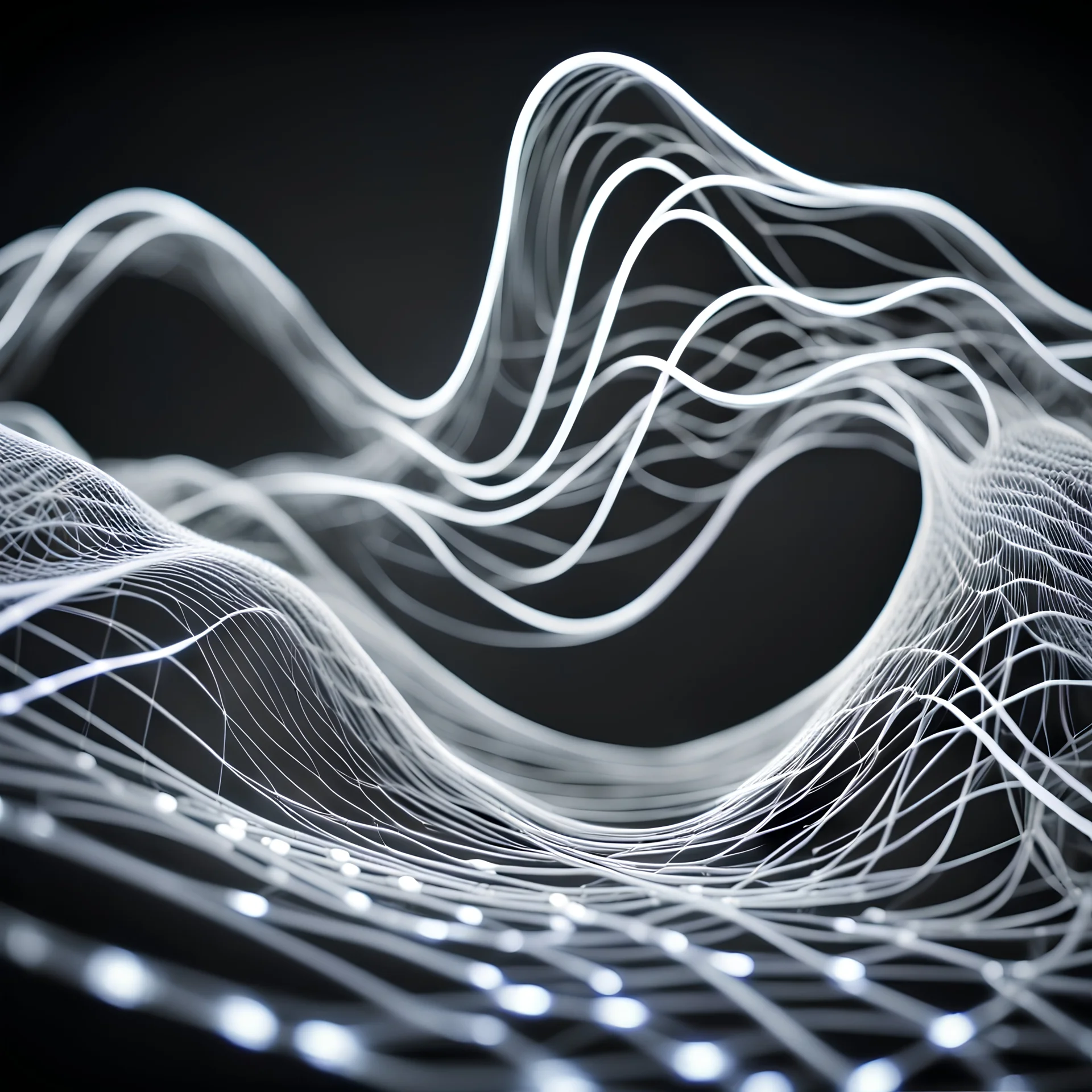 Musical Wave , Sound Wave, (Silver Color) LED network lines , Realistic 3D Render, Macro, mesh, wave network, geometric, Nikon Macro Shot, Kinetic, Fractal, Light Led Points, Generative, Neural, Computer Network, Conections,