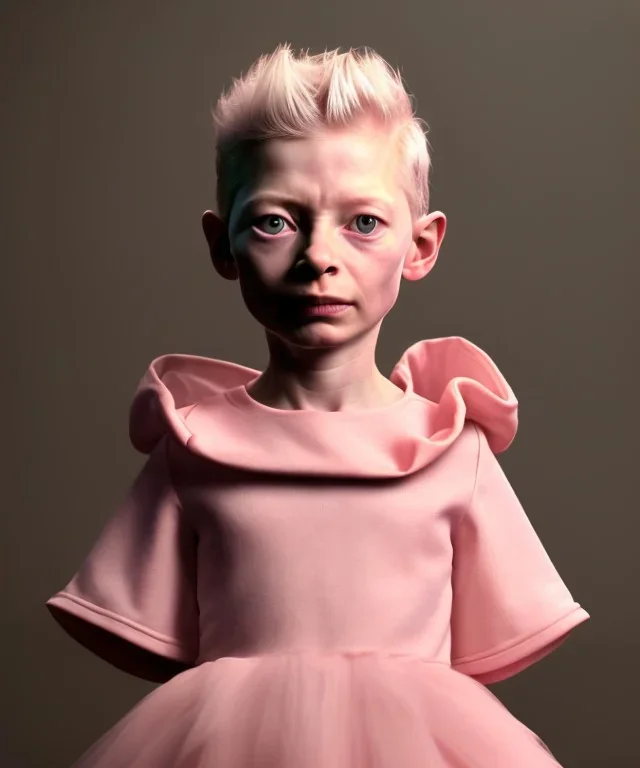 Tilda swinton toddler, full body, shoe, dress, soft skin, dramatic lighting, hyper realistic