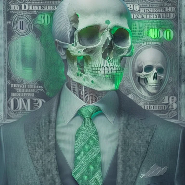 a head and shoulders portrait of a skeleton dressed in a three-piece suit as the president of the united states, based on us currency, united states one dollar bill, shades of green, real-life, colors match the united states one dollar bill, realistic, robotic,