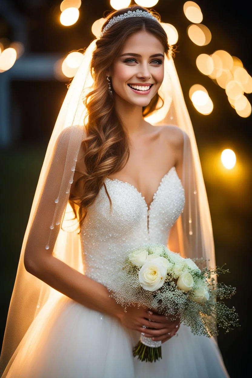 A happy smiling Beautiful girl wearing a wedding dress : Picture a delicate fluorescent glass sparkling lights adorned with glistening dewdrops. The tranquility of the scene mirrors the quiet strength that comes from embracing stillness and finding inspiration in the simplest moments.