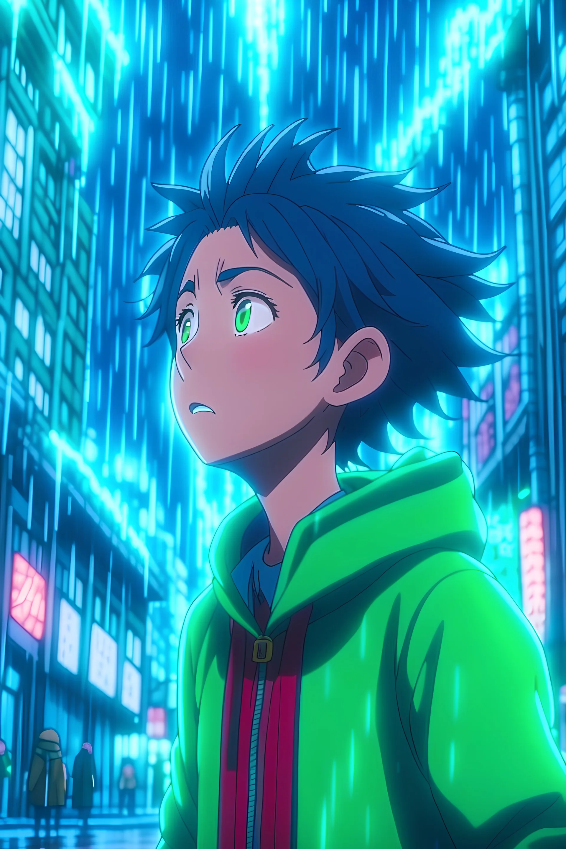 Tanjiro in the rain in the city looking up