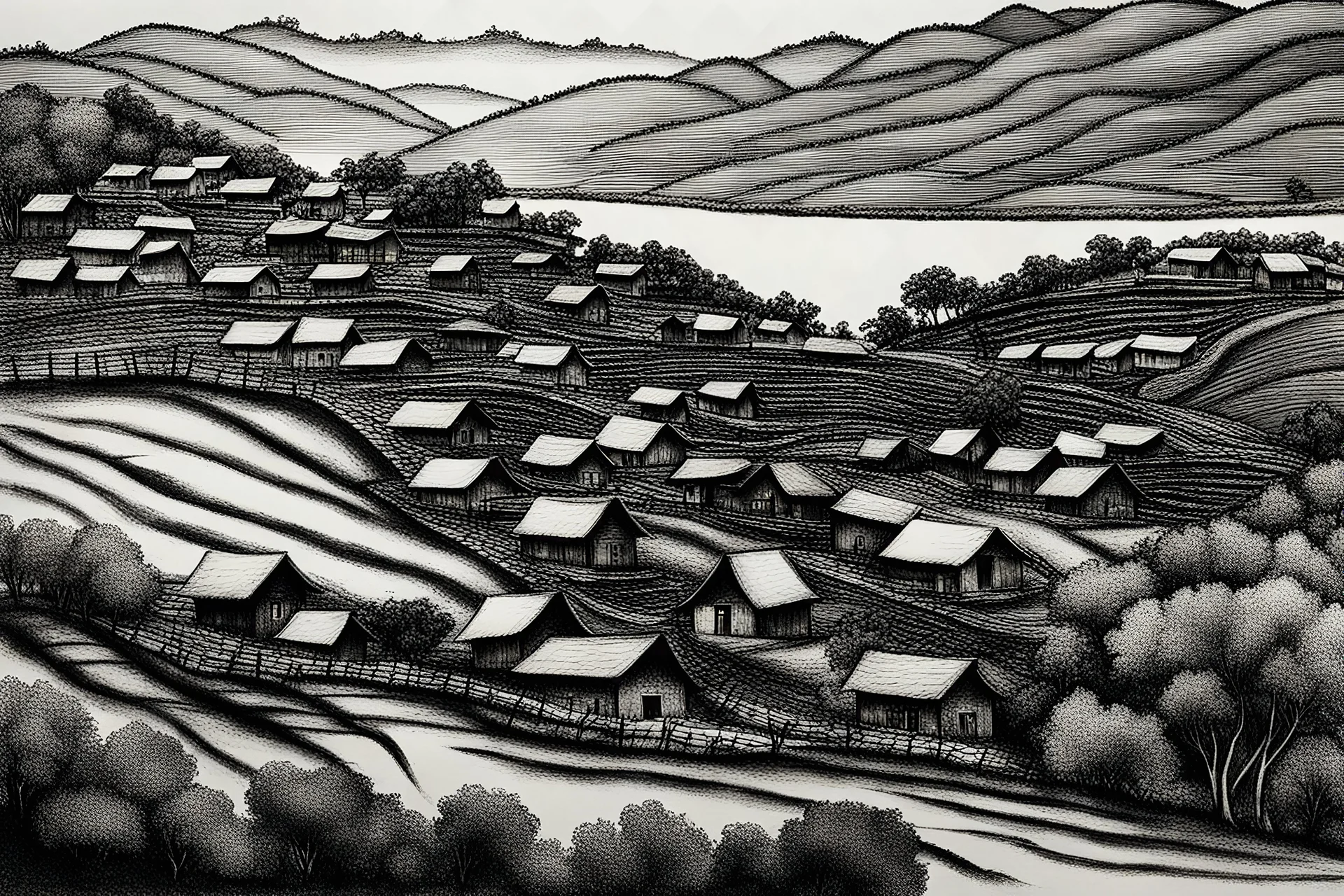 village on the hill with charcoal