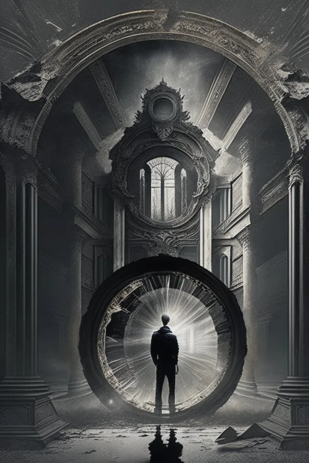 A palace in the form of a time portal, a man black colour