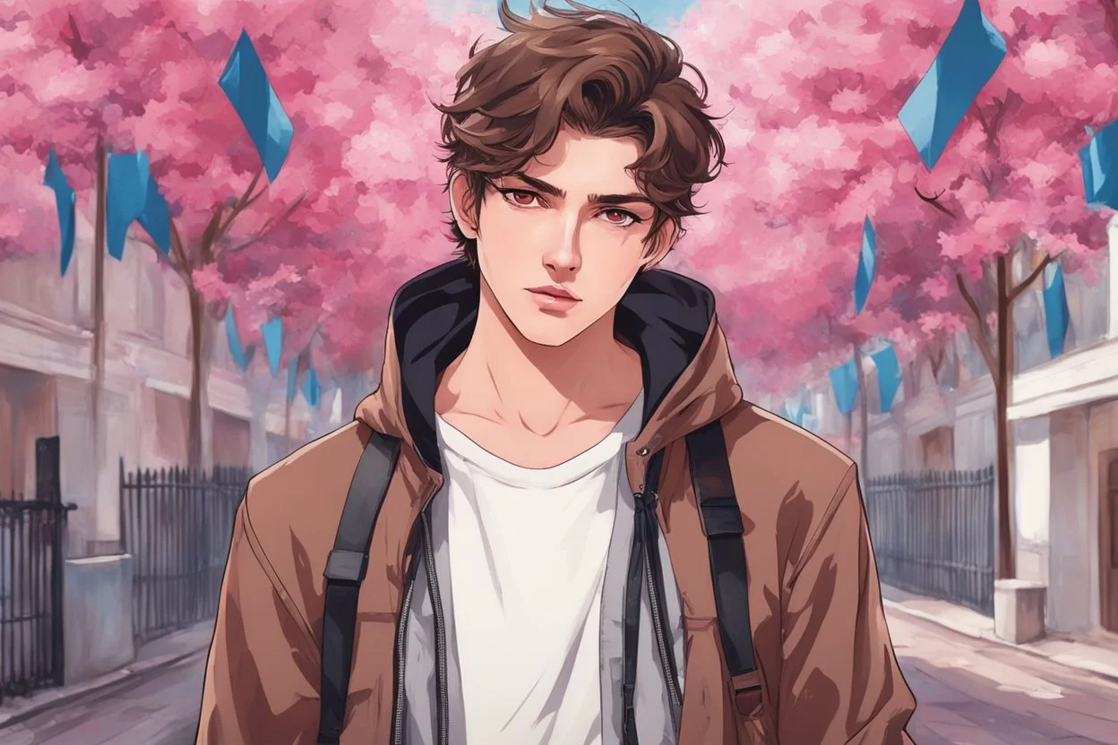 close up headshot portrait of beautiful teenage boy who looks like a girl, brown hair, red eyes, pretty body, pretty legs, perfect face, Wadim Kashin, James Gurney, Ink, splash art, amazing beauty, college courtyard background, has pink accents on clothes, anime style