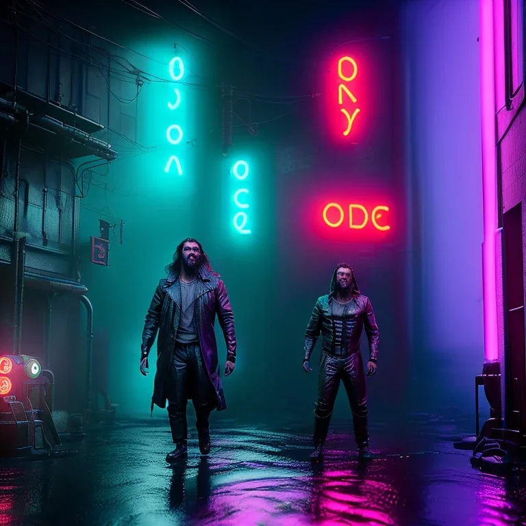 Actor, jason momoa, blade runner style, rain, fog, neon ambient, gradient color, clean skin, circuits, latex coat, cyber punk, neon, tubes, portrait, photo studio, unreal engine 5, smooth color, 16 bit, god lights, ray tracing, RTX, lumen lighting, ultra deatail, volumetric lighting, 3d, finely drawn, hd.