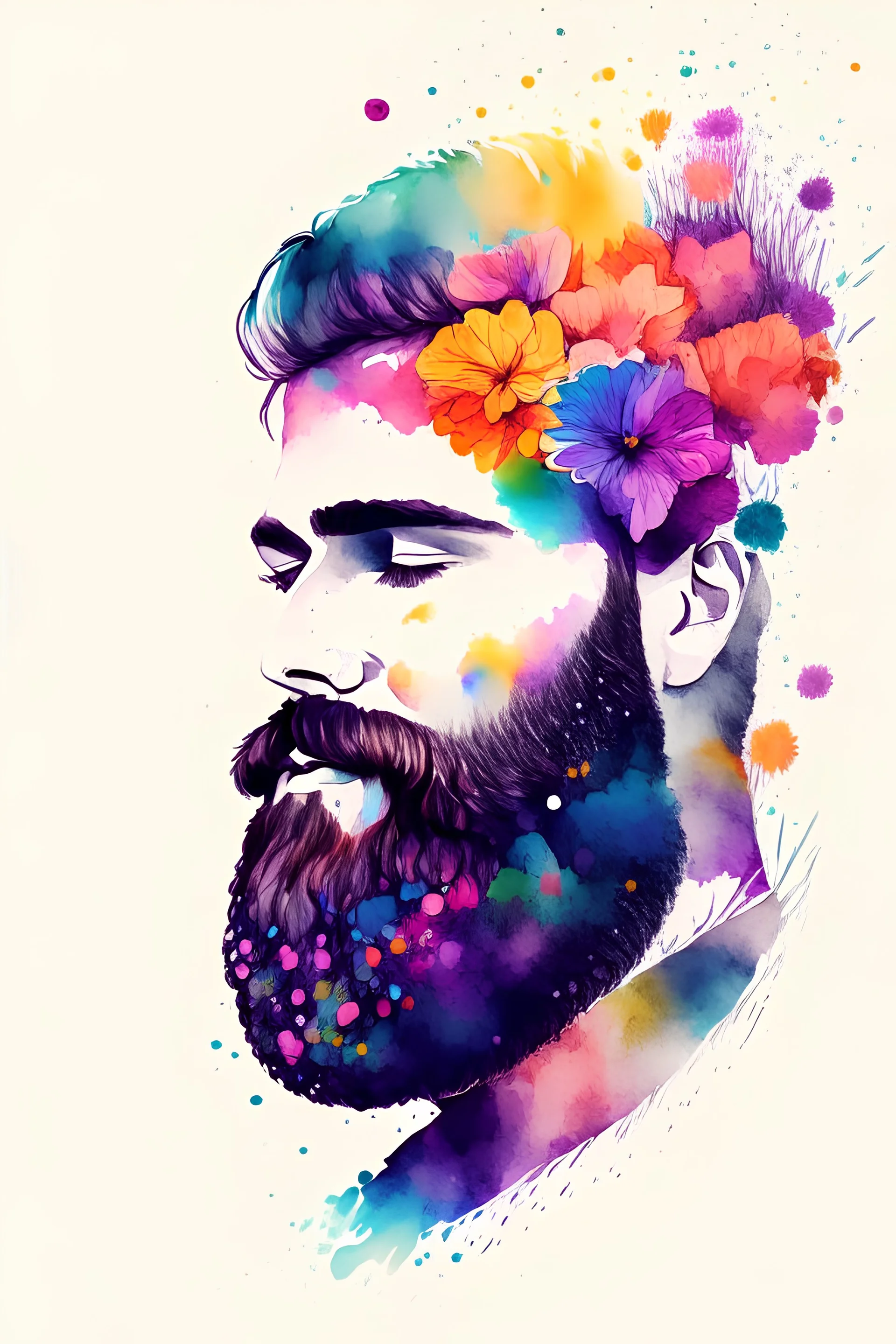 watercolor style, detailed DESIGN, Centered Design of a man with a beard that has flowers in his beard, lofi style, rainbow colors, edgy, Minimalist, centered, solid background.