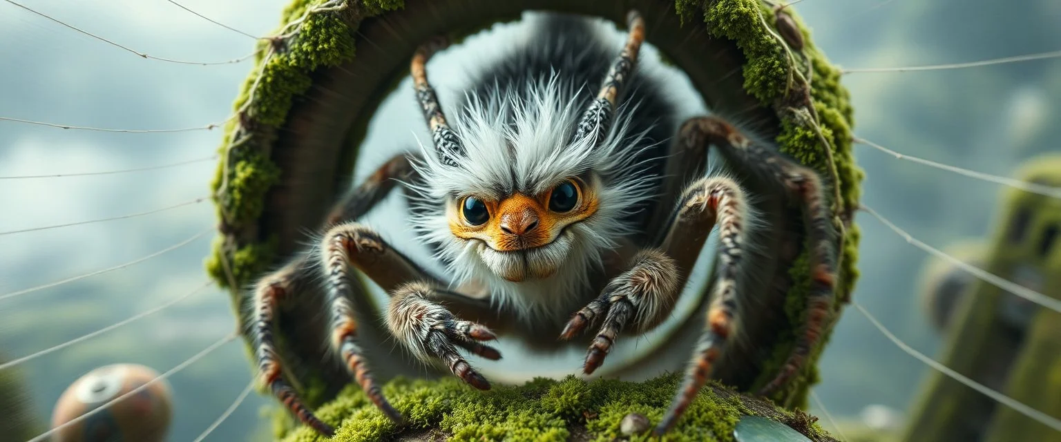 the high speed magical face of a fluffy dragon spider yoga with charm in web from mossy tower, master oil painting by Rembrandt and Escher, moss covered space station, brightened edges to give a sense of depth, motion blur