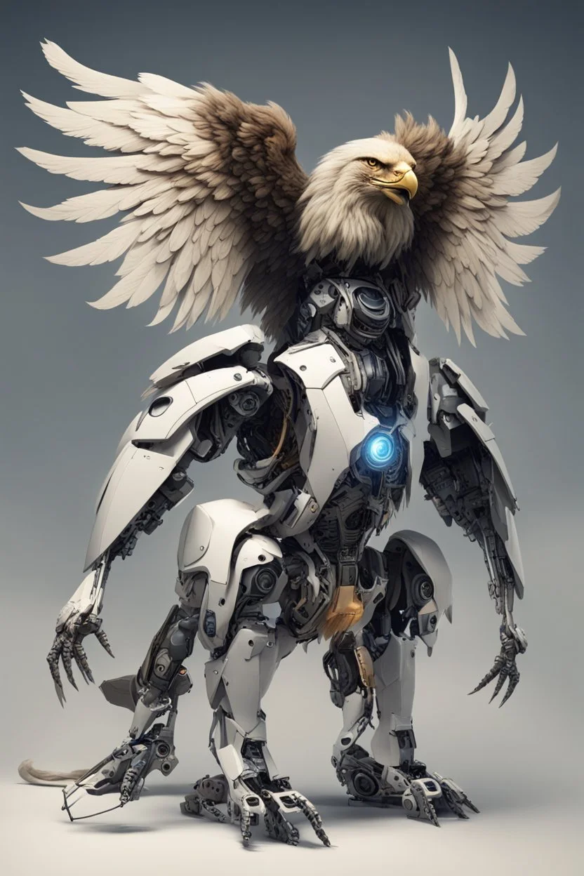 A creature with an eagle's head and a lion's body and two robotic wings