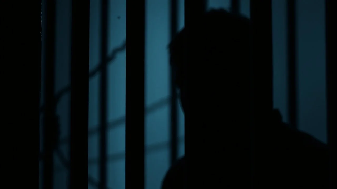 close up parallel prison window bars in foreground, dark prison cell behind them, hidden dark human face partially visible through the window bars, pale light, shadows in background, ultra realistic, dark atmosphere, high contrast shadows, dark vibe
