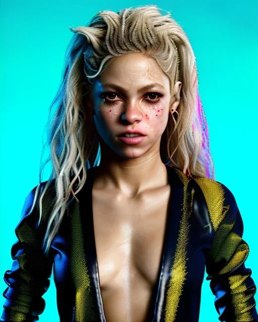 portrait, Shakira, blonde artist, angry, Realistic image, MMA robe, hoodie, mma gloves, fight pose, make-up make-up, gold line make-up, sweat, fog, goddess style, Neon colors, leds. Black background, photo studio, concept art, smooth, unreal engine 5, god lights, ray tracing, RTX, lumen lighting, ultra detail, volumetric lighting, 3d, finely drawn, high definition, 4k.