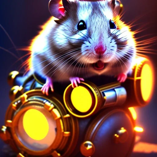 Hamster toddler, steampunk headphone, sunglass, gangsta neckless, full body, yellow puffer jacket, tokio background, dramatic lighting, hyper realistic, unreal engine 5, 16k