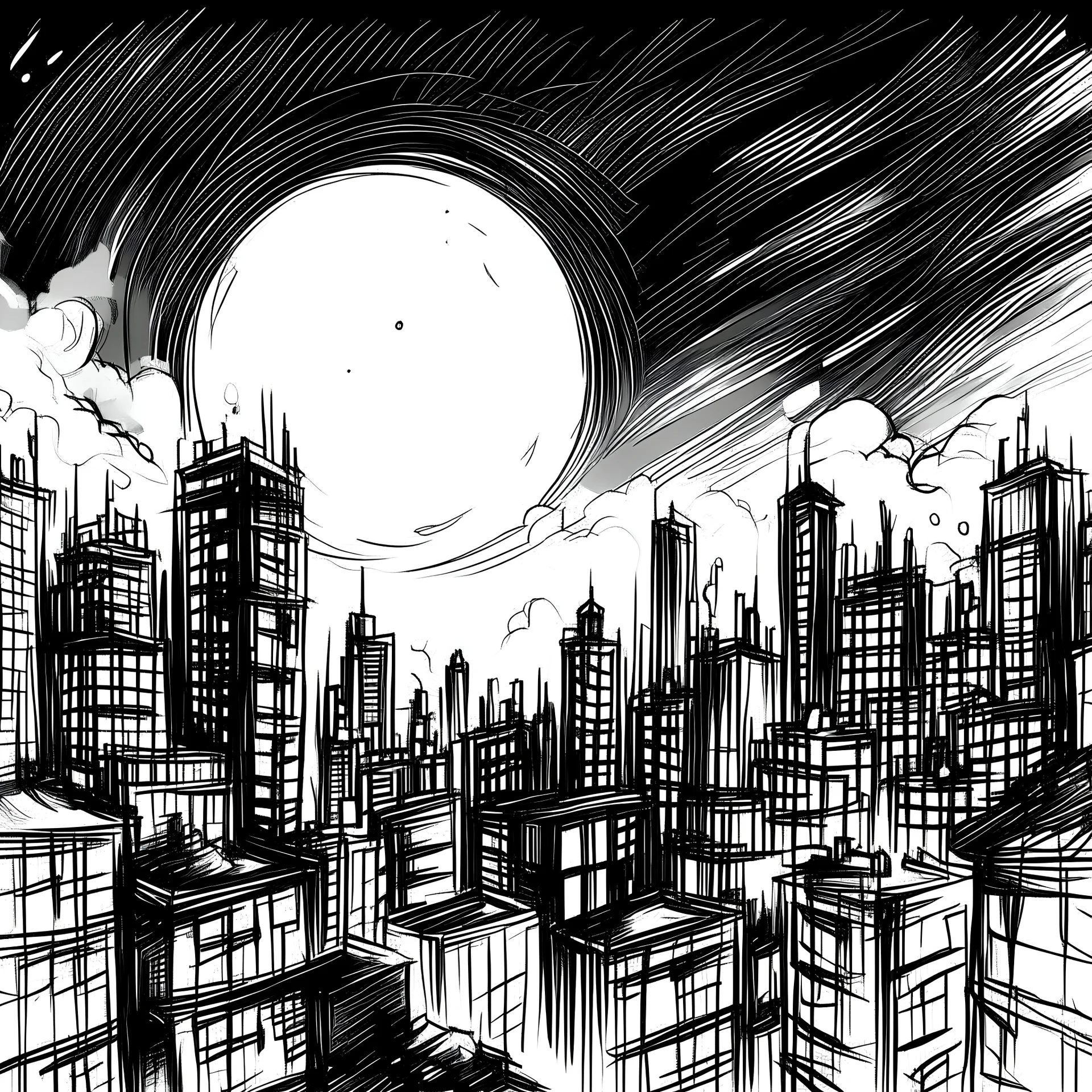 Sketch art, bold outlines, clean and clear outlines, city lights and a sky with a small moon