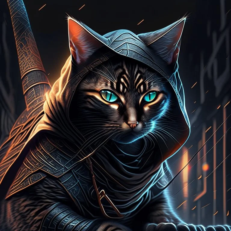 Gráfica lineal de un gato como un Ninja, calidad ultra, hiperdetallado, increíble obra de arte, 8k