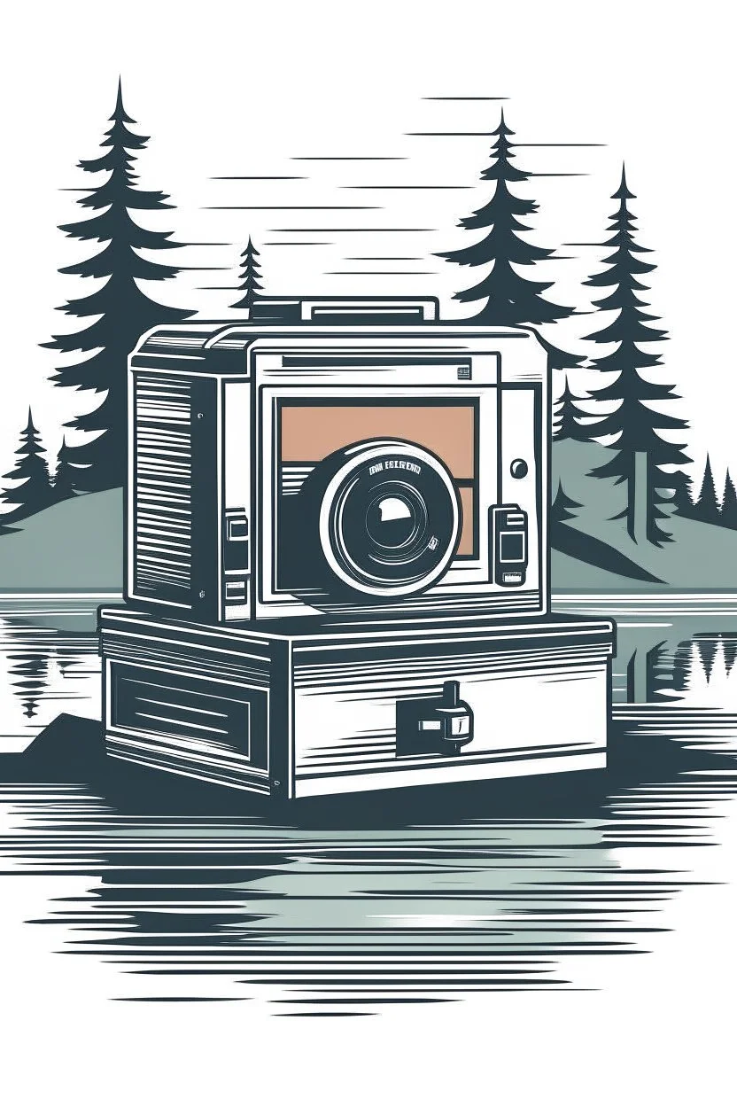 A classic Polaroid camera rests open on a wooden dock, overlooking a misty lake at dawn. Lush pine trees line the shore, with a lone loon calling out in the distance. Style: Vintage, Mood: Tranquil, Lighting: Soft, cool morning light, T-shirt design graphic, vector, contour, white background.