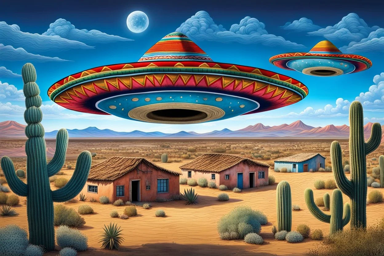 a giant mexican sombrero-shaped ufo in the blue sky above an old authentic mexican village, some mexican villagers look in wonder at the ufo in the sky, in the distance desert and cacti, sparse grass, vibrant colors, psychedelic, very detailed, cinematic