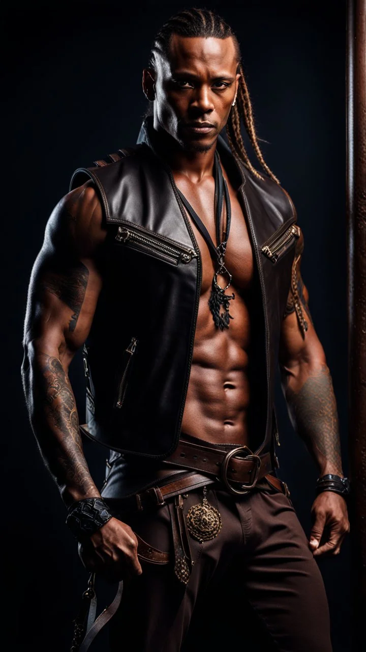 portrait of a 35 year old Handsome muscular male with dark bronze skin adorned with tattoos. His long light brown hair is tied back in a pony tail. He's wearing a leather vest and has a dagger which hangs from his belt. Dark fantasy. Hyperrealistic