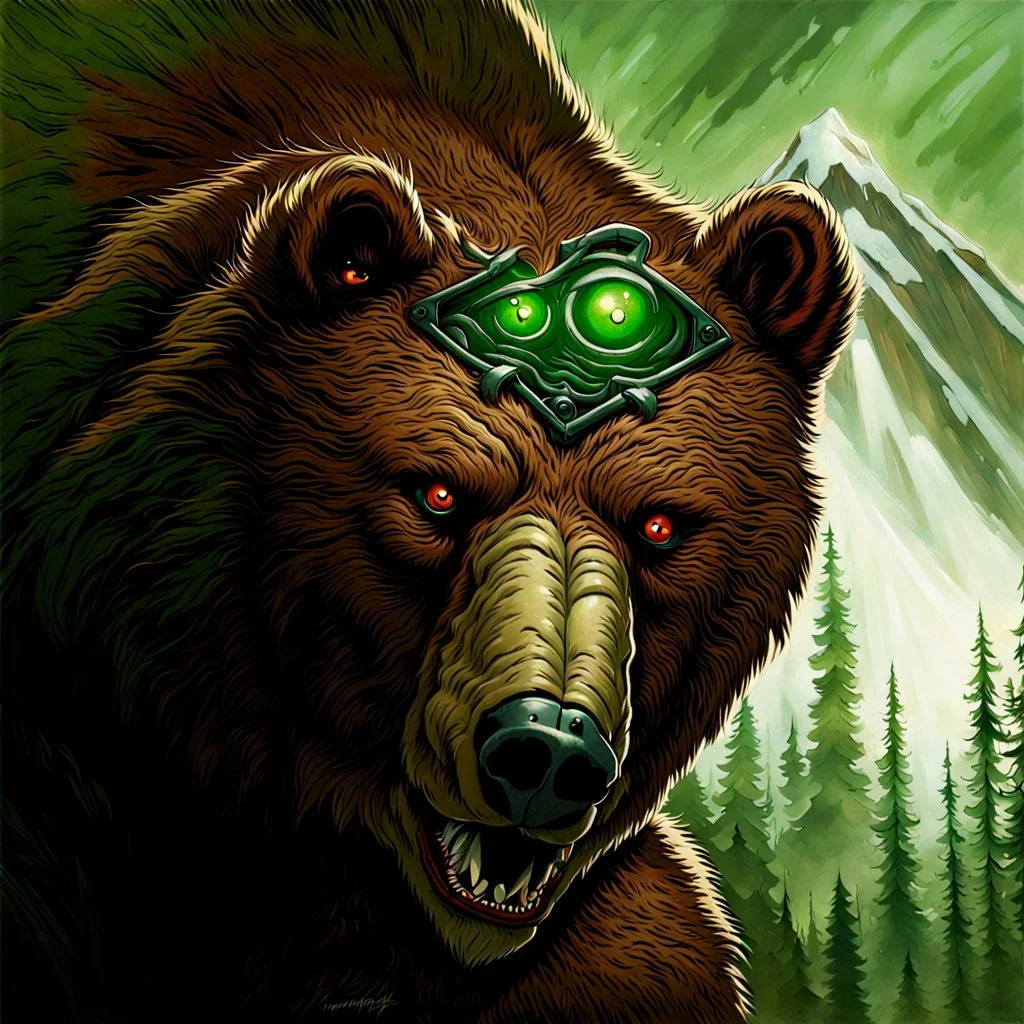 90's TCG fantasy artwork art of a mutant bear with green eyes