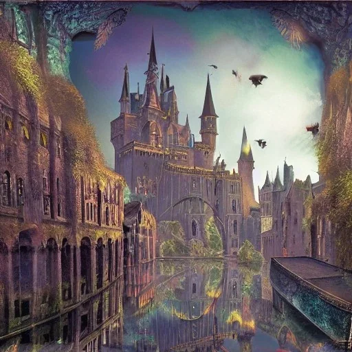 A magical gothic canal city of wizards, witches and warlocks with a castle Nick Harris style