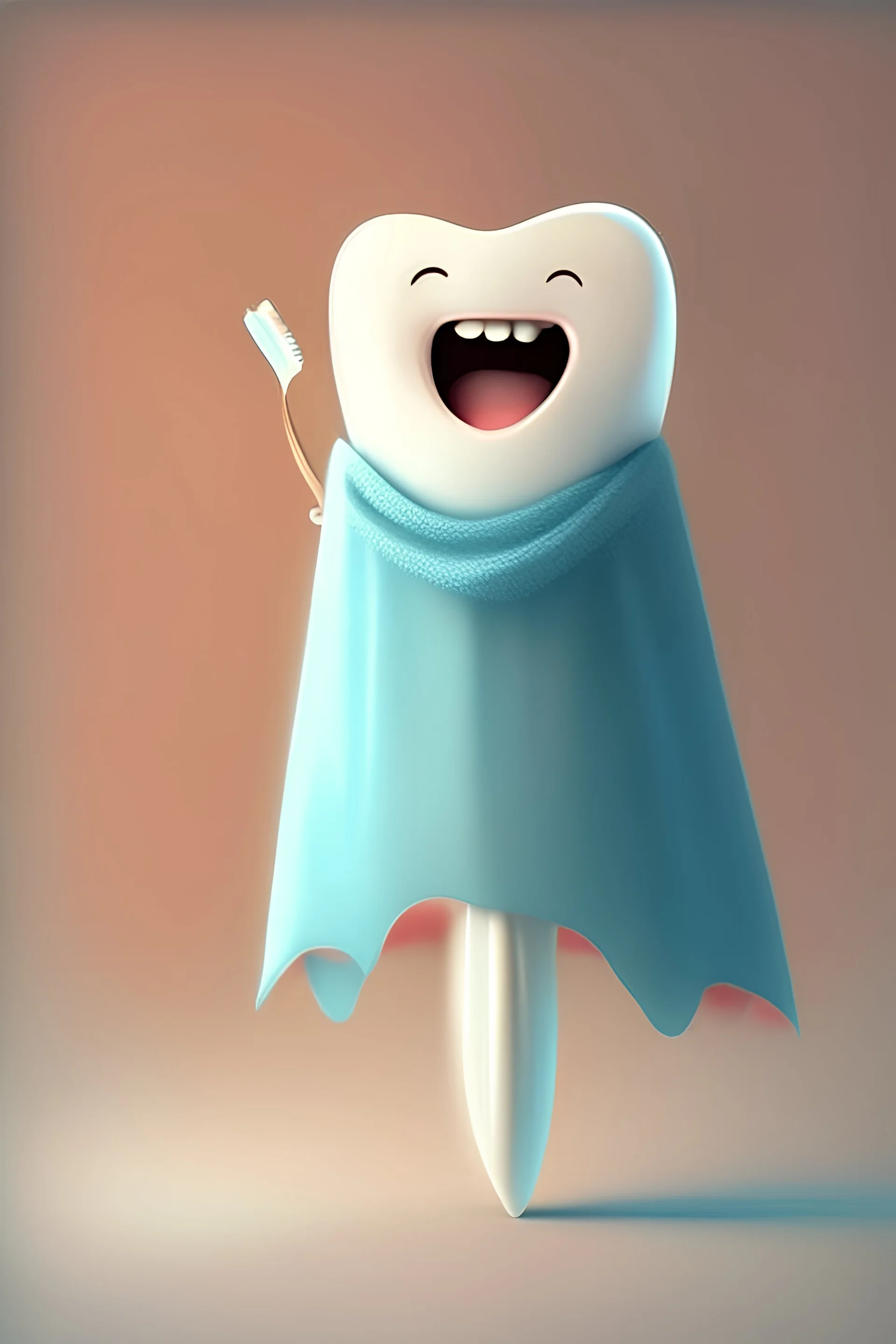 a cute,Pretty, friendly ,happy , short tooth with a long cape and toothbrush