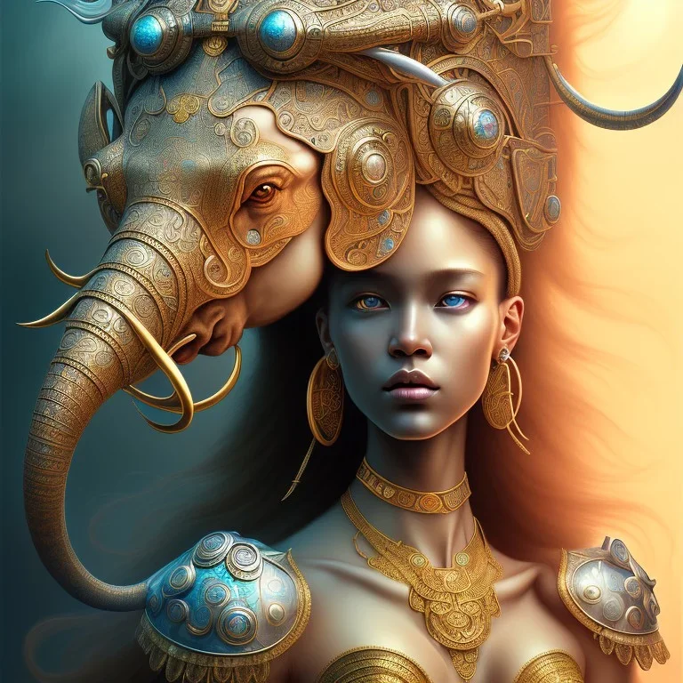 Sango fantasy, fantasy magic, intricate, sharp focus, illustration, highly detailed, digital painting, concept art, matte, art germ and Paul Lewin and Kehinde Wiley, masterpiece silver elephant head bronze Asian African girl nice breast Hawaiian hair turquoise golden waves