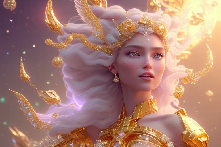 very beautiful crystal and gold goddess in a galactic ambiance, nice smiling, transparent petals, delicate colors, full of details, smooth, bright sunshine，soft light atmosphere, light effect，vaporwave colorful, concept art, smooth, extremely sharp detail, finely tuned detail, ultra high definition, 8 k, unreal engine 5, ultra sharp focus