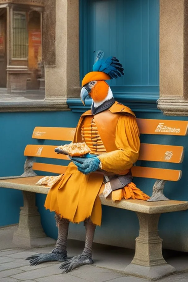 Half parrot half human in a 1700s Orange Dutch uniform siting on a bench in a Dutch city eating a baguette