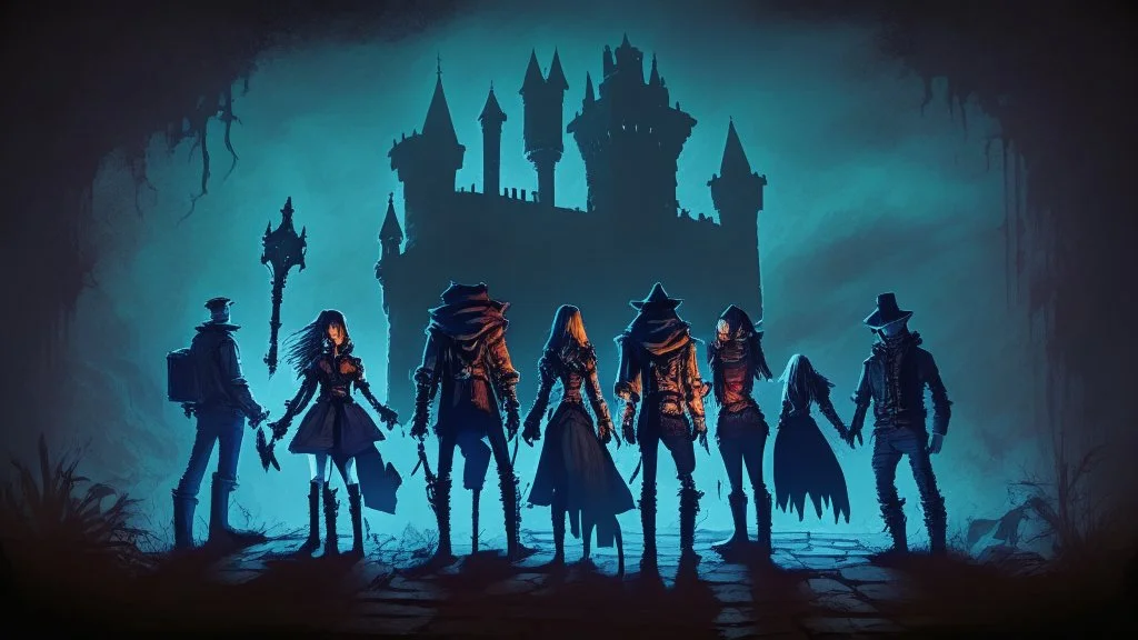 Adventurer party of four people, standing before a dark castle