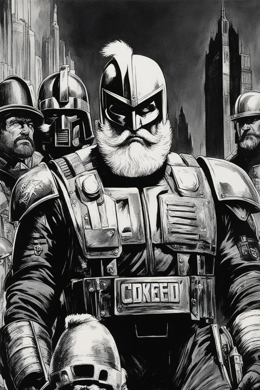 [Fun, 2000 AD (1977)] The citizens of Mega City One couldn't believe their eyes. The stern and unyielding Judge Dredd had taken on the persona of the jolly old man from folklore. His typically stern expression softened beneath the fluffy white beard, and his usual helmet was replaced by a crimson hat adorned with a white pompom. Dredd, in his Santa Claus outfit, stood tall and resolute. His presence exuded an aura of warmth and goodwill, even as the weight of his duty remained unwavering.