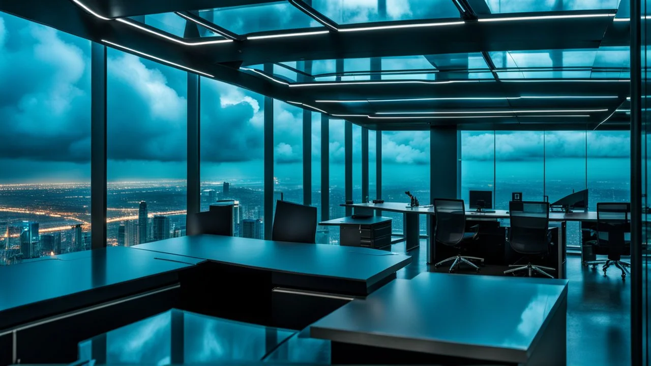 medium shot photo from high-tech futuristic office building between in big clouds , glass and metalic walls, tall, cyberpunk, blue, and dark colors, cold colors, high detalied, shapr focus, sci-fi mood