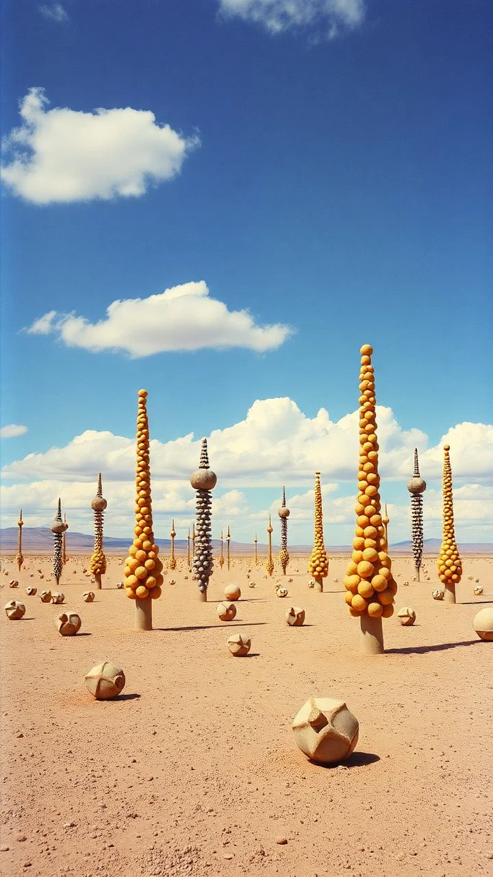 Strange spindle-shaped objects of various shapes, scattered over an arid wasteland, clouds, Max Ernst, Audubon, Amano, Walton Ford, Yves Tanguy, bright colours, polaroid, 8k, 3d, 33mm photography, well defined