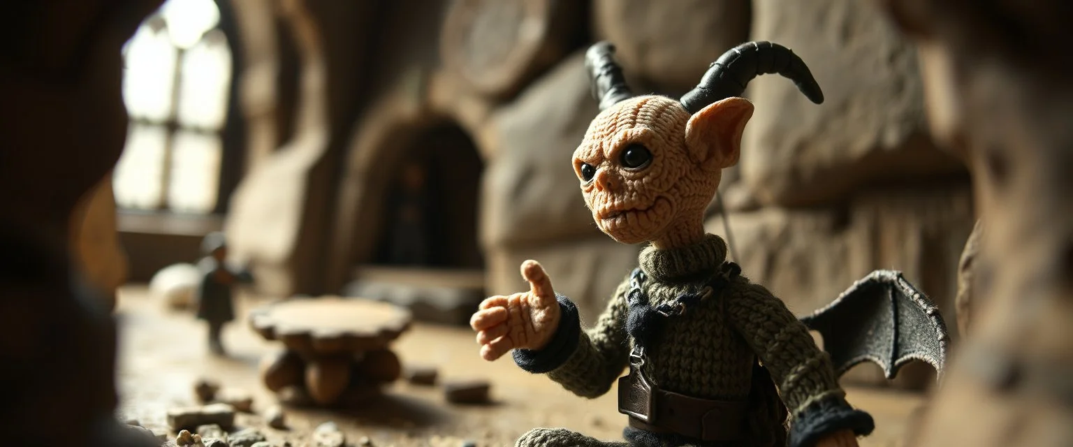 pin hole picture, miniatures on fake scene,master oil painting by Rembrandt, good afternoon disney bitch scary stone age vampire, close up on a stupid knitted doll trying to explain something weird, in the style of fallout 4 and H R Giger