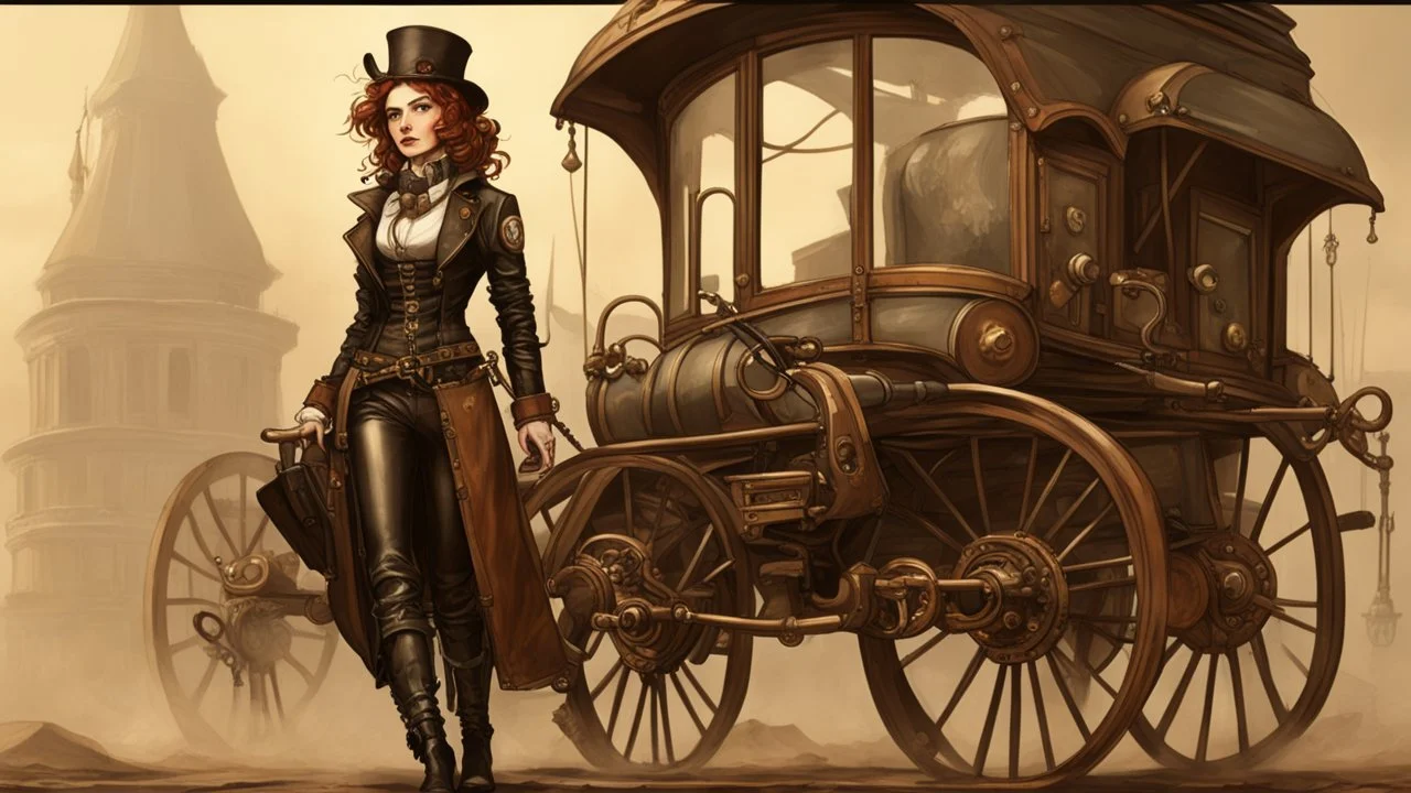 full-length portrait of a pale-faced steampunk woman with auburn wavy shoulder-length hair, with detailed metal arms and legs, dressed in leather trousers, and a jacket, standing beside a steam carriage