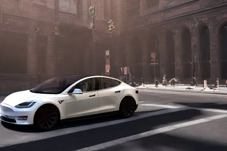 A Tesla 'Model Y' is drifting at high speeds, near the 'Central Synagogue' in New York City. (CINEMATIC, WIDE ANGLE LENS, PHOTO REAL)