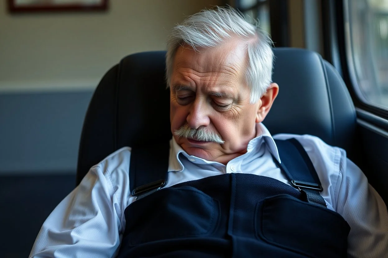 Cree l image d un agent de sécurité proche de la retraite. Il porte des bretelles. Il a une chemise blanche. Il a une petite moustache. Il dort sur une chaise.