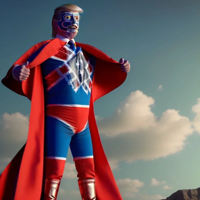 realistic image of donald trump as a mexican wrestling fighter posing outdoors, Mexican eyes wrestling mask, red and blue breeches, confederate flag cape, retro style, 80s, vibrant color, highly detailed, sky background, concept art, unreal engine 5, god rays, ray tracing, RTX, lumen lighting, ultra detail, volumetric lighting, 3d, finely drawn, high definition, high resolution.