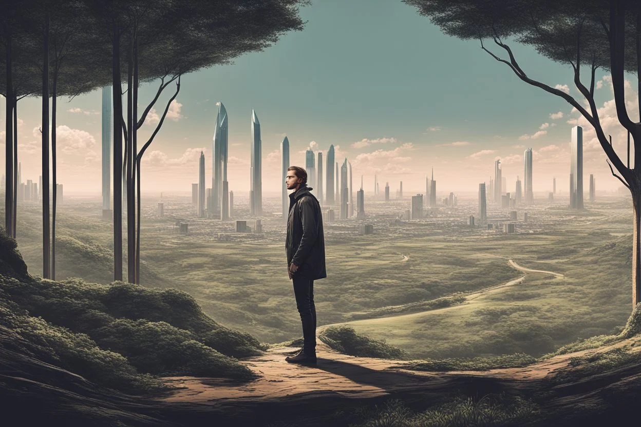 man standing in open countryside, with trees on one side and a pristine futuristic city on the other side